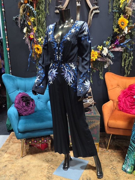 Free People Pants - Free People Black Jumpsuit with Blue Floral Embroidery